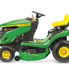 John Deere ride on lawn mower at a side angle