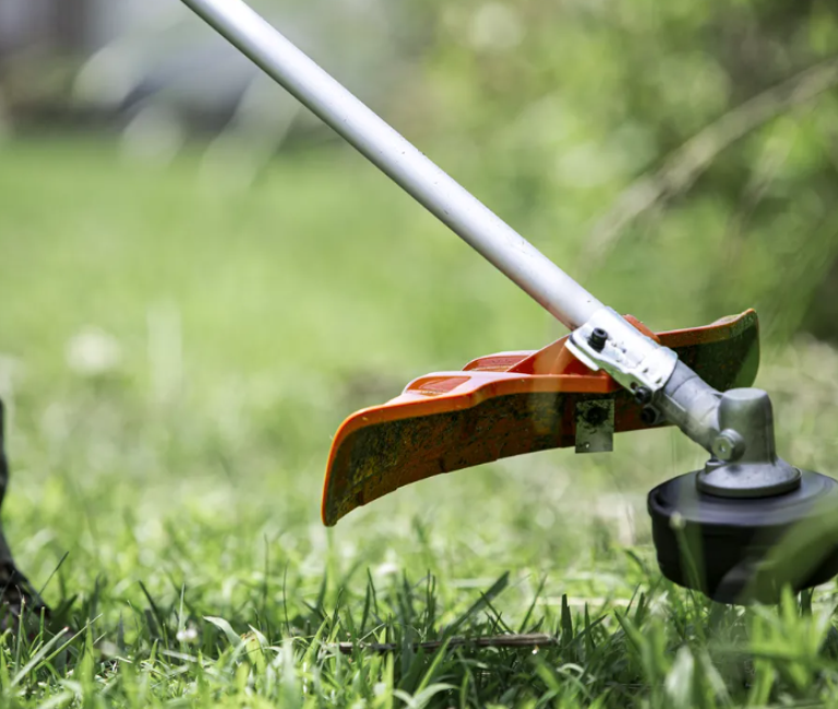 Lawn strimmer being used to cut grass