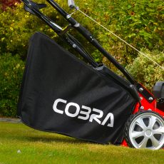 Cobra 18″ Petrol Powered Lawnmower M46SPC pictured up close of the grass collector