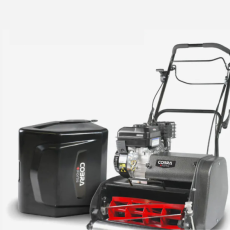 Cobra Fortis 17B 17″ Petrol Cylinder Lawnmower pictured with grass collector