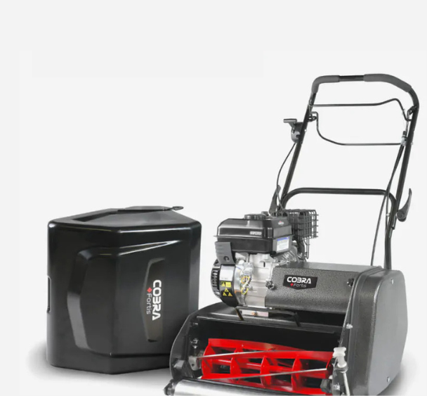 Cobra Fortis 17B 17″ Petrol Cylinder Lawnmower pictured with grass collector