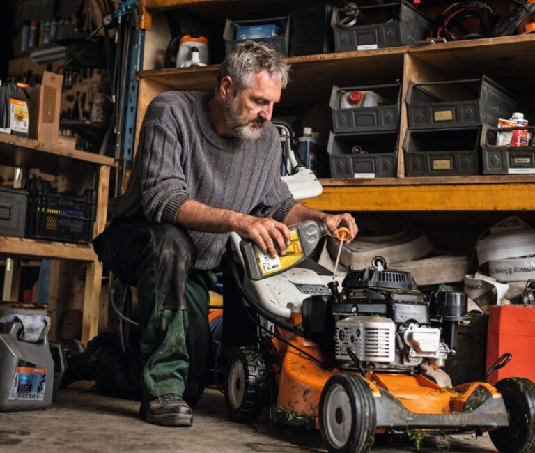Stihl RM 756 Petrol Lawn Mower pictured having maintenance done in a workshop
