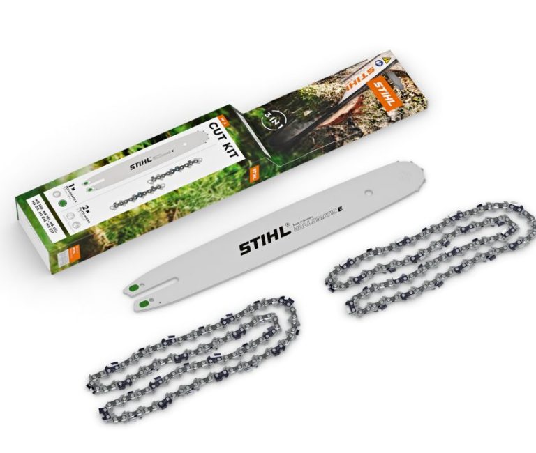 Stihl Cut Kit 4 Guide Bar & Chains pictured laid out showing the items in the set