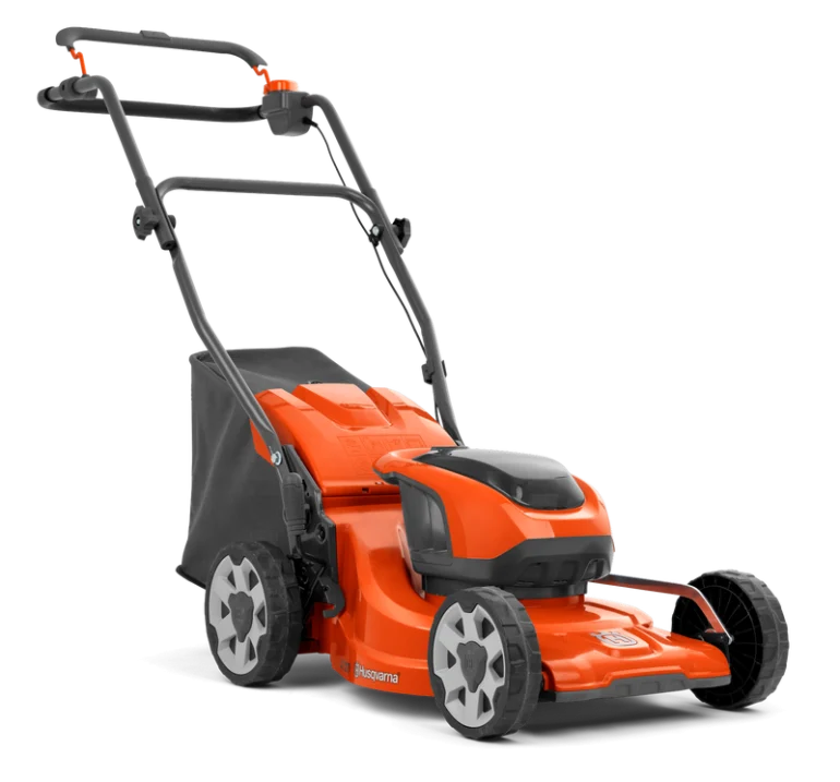 Husqvarna lawn mower at a side angle on a transparent background