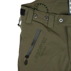Arbortec AT4060 Breatheflex Pro Chainsaw Trousers Design A Class 1 pictured in olive up close of the adjustable waistband