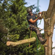 Arbortec AT4070 Breatheflex Pro Chainsaw Trousers Design C Class 1 pictured being worn by an arborist in a tree