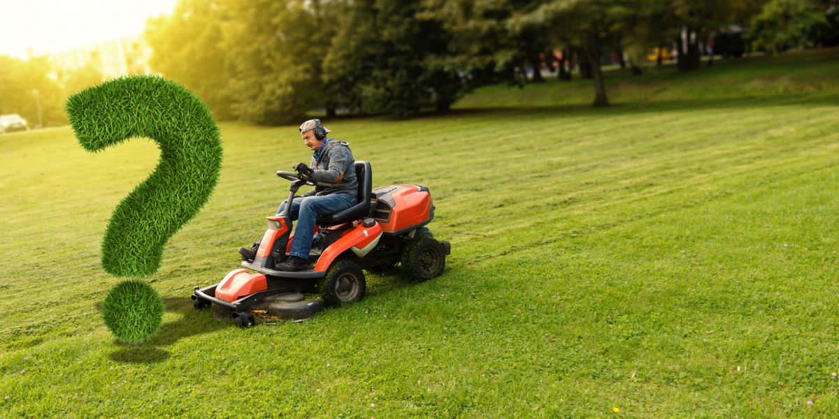 man on a lawnmower mowing down a grass question mark