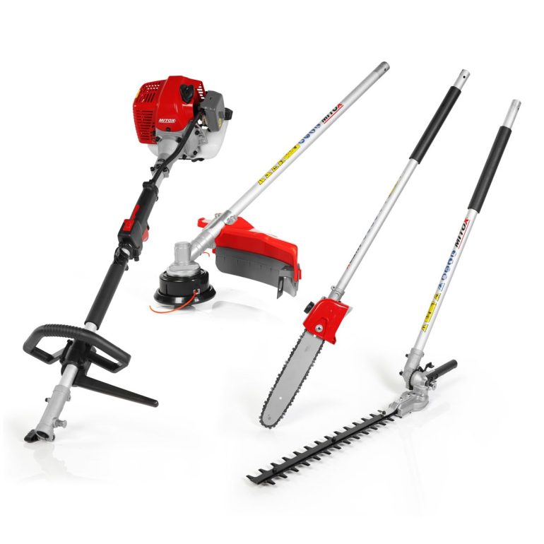 MITOX 26MT SP-Select 4in1 Petrol Multi-Tool pictured with all attachments laid out