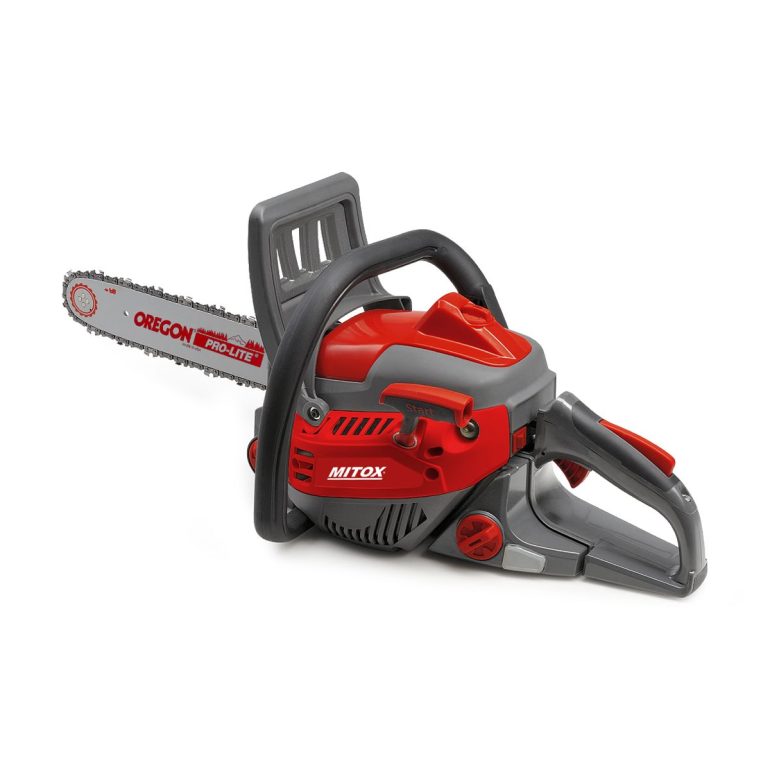Mitox 385CSX Premium Petrol Chainsaw 14″ pictured from a back left angle with a white background