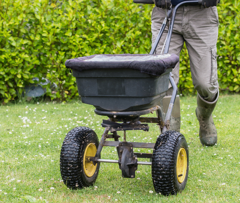 man using a lawn spreader to cover his grass in seed