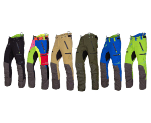 Arbortec AT4060 Breatheflex Pro Chainsaw Trousers pictured with all different variants in a line on a white background